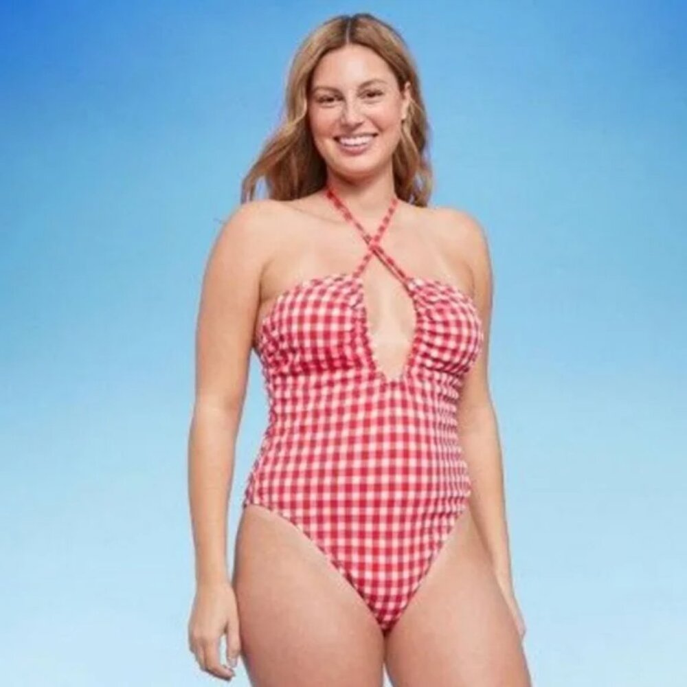WILD FABLE RED WHITE GINGHAM PRINT KEY HOLE FRONT HALTER TIE SWIMSUIT SIZE LARGE - Picture 5 of 5